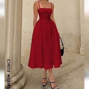 Red Dress XS Summer strappy Below Knee Flair Midi Bustier Top Shein Long Maxi